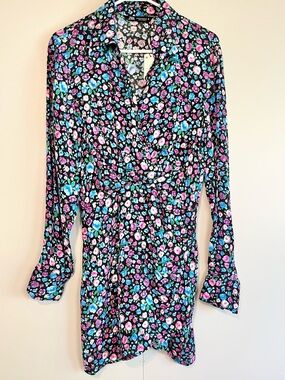 Zara Floral Mini Shirt Dress Black Pink Blue Long Sleeve Wrap Style Size XS